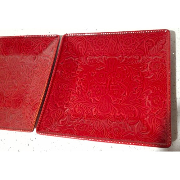 Rare HiEnd Accents Savanna Tooled Leather Look Salad Plates Stoneware  Set of 2 - Picture 6 of 9